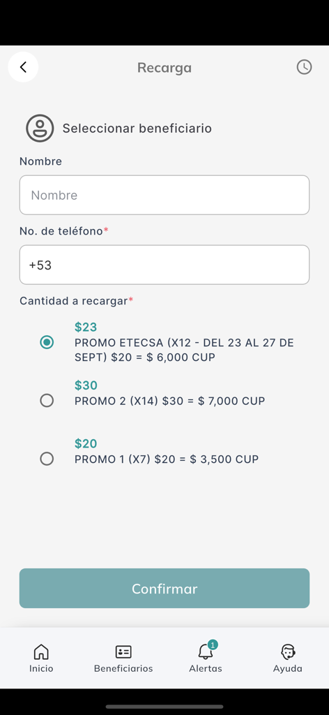 CubaMax - Mobile phone recharge screen in the CubaMax app for sending credits to Cuba