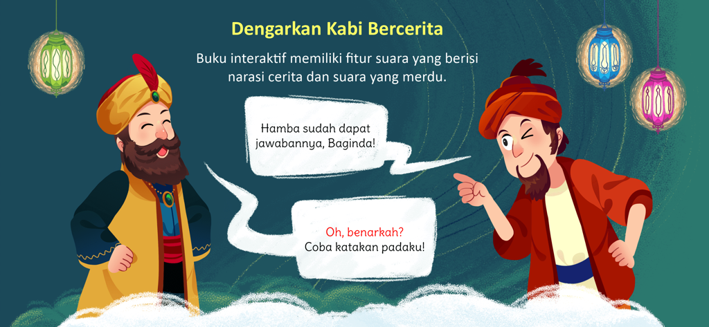 Kabi Story Book - Dois personagens de desenho animado em trajes islâmicos tradicionais conversando em uma cena de livro interativo