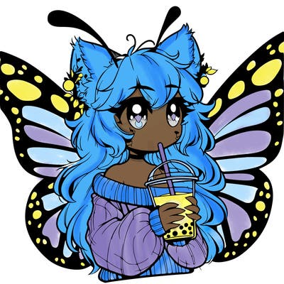 a realistic butterfly/furry girl drinking boba