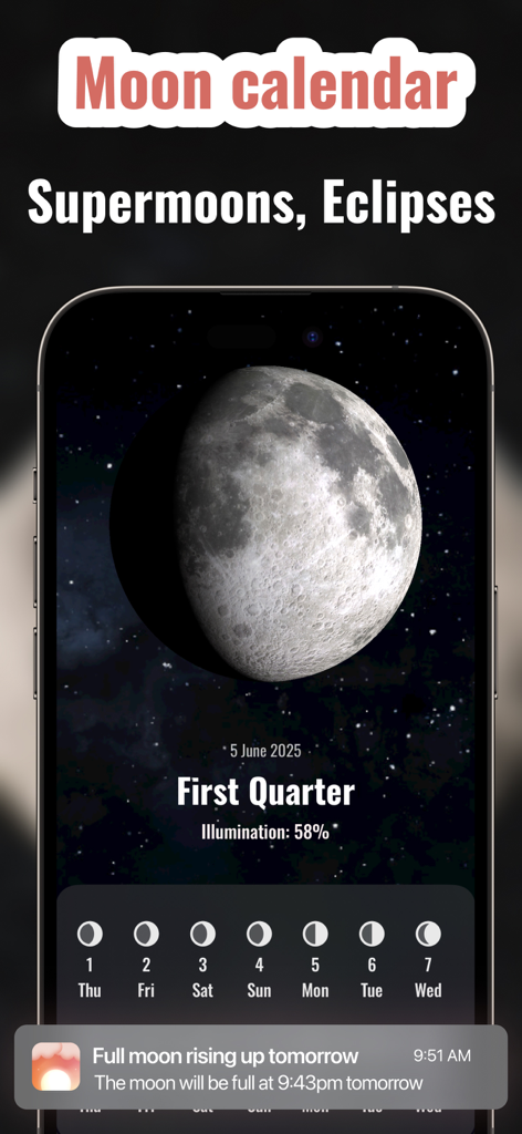 Sunset Prediction AI : Solora - Solora app screenshot displaying a detailed moon calendar with phase illumination and upcoming celestial event notifications
