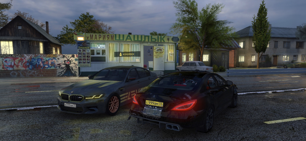 Two luxury cars parked in front of a roadside shashlyk shop in a Russian village setting.