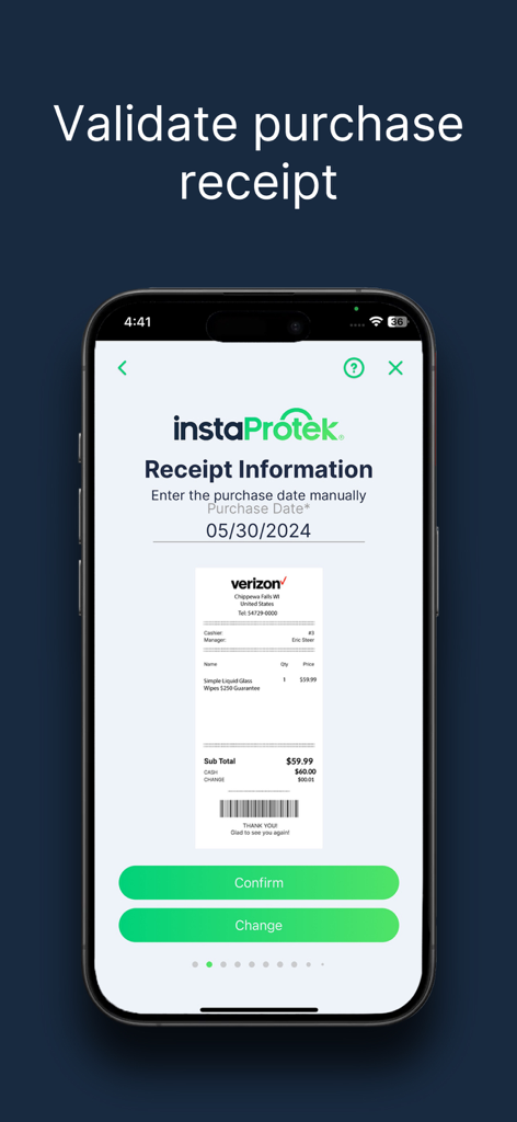 Interface of the instaProtek app showing a digital scan of a Verizon receipt for purchase validation.