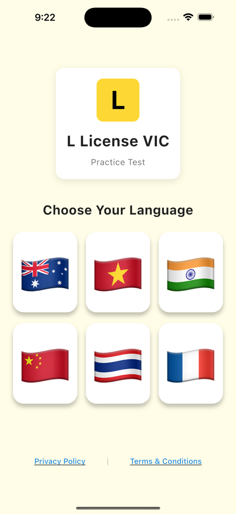 L License VIC - 多言語サポートのための国旗を特徴とするL License VIC練習テストアプリの言語選択画面