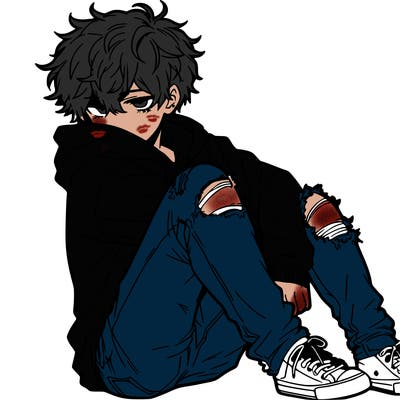 a male hoddie ripped jeans messy hair anime