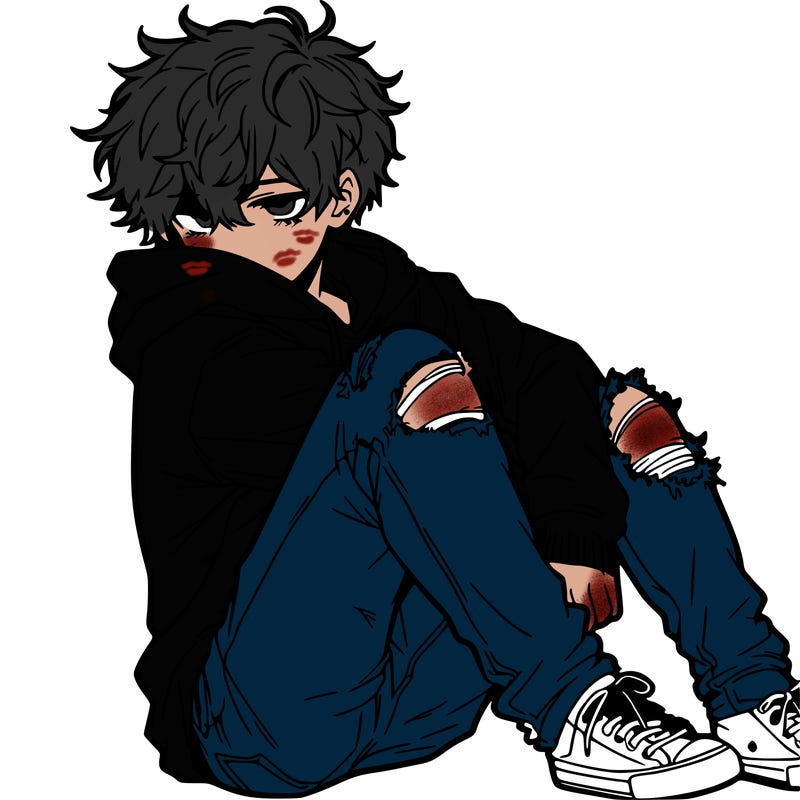 a male hoddie ripped jeans messy hair anime
