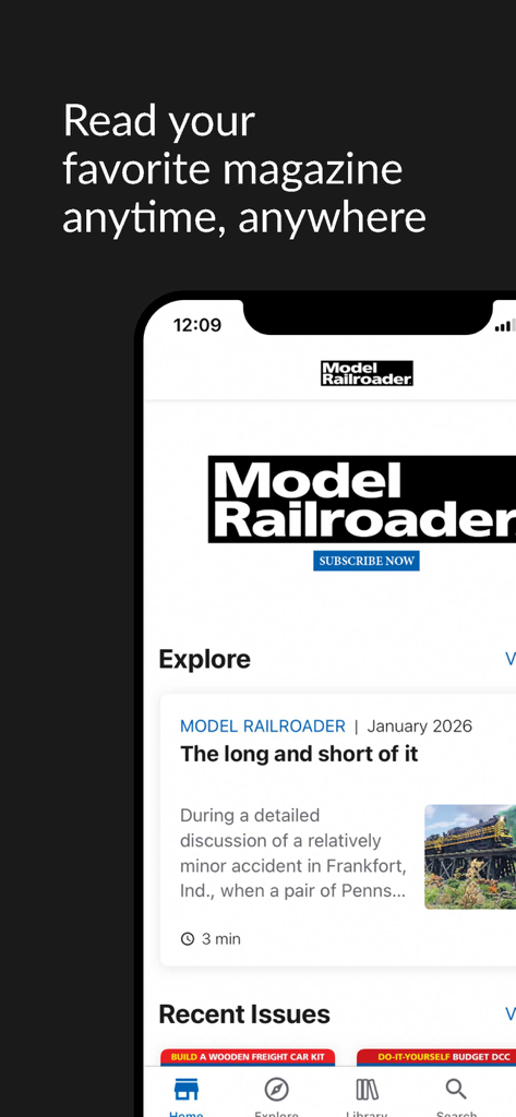 Model Railroader Magazine - Model Railroader Magazine mobile app home screen showing featured articles and recent issues