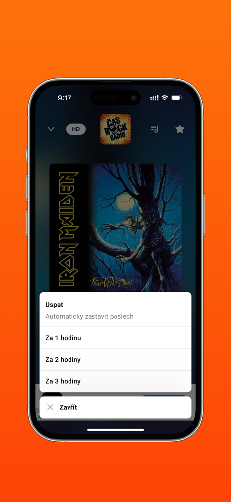 Play.cz app interface displaying sleep timer options for listening to Czech radio stations.
