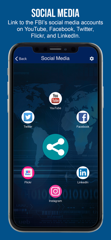 myFBI Dashboard - myFBI Dashboard app screen showing links to official FBI social media accounts including YouTube Twitter and Facebook