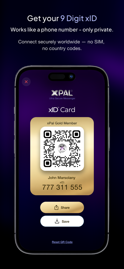 xPal app showing a 9 digit xID card with QR code for anonymous private messaging