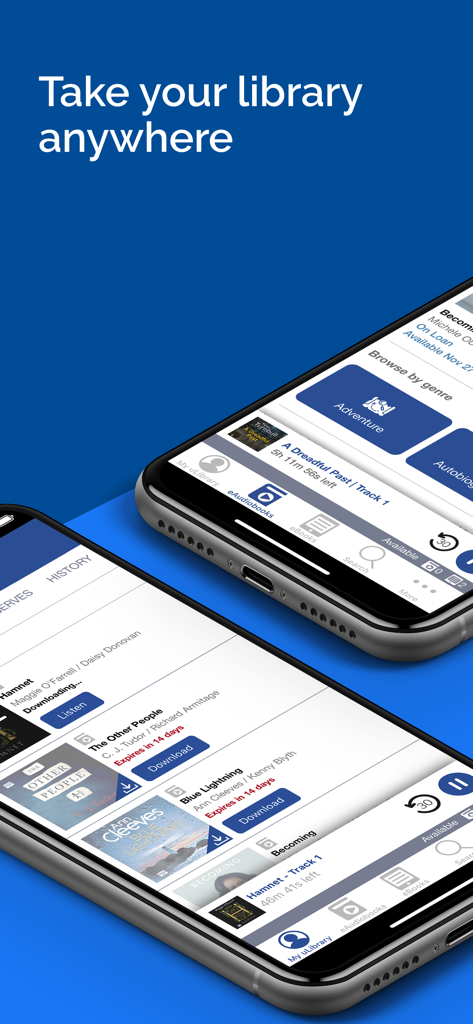 uLIBRARY - Two mobile phones showing the uLIBRARY app interface for browsing and borrowing digital books