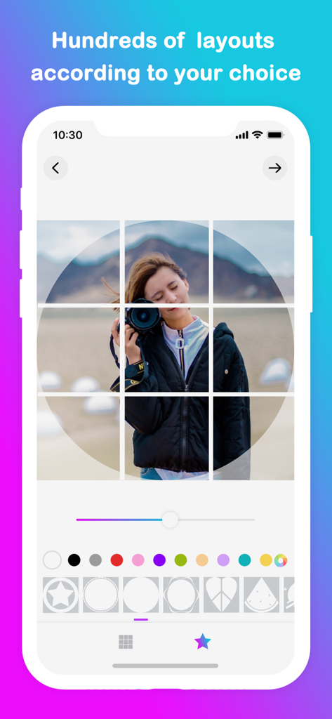 Grid Post Pic Collage Maker - Mobile app interface showing a 3x3 photo grid with a camera subject and various geometric shape overlays for social media design