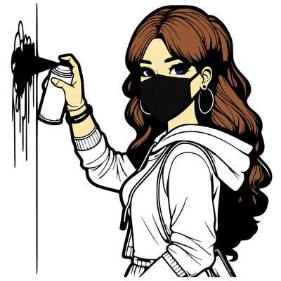 realistic girl with mask spray painting a wall