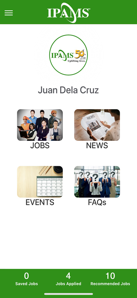 Home screen of the IPAMS Mobile app showing job news and event sections