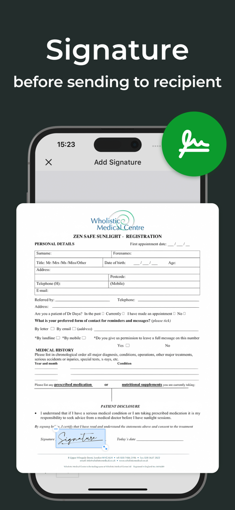 Iphone screen showing the electronic signature feature on a medical registration form within the Fax plus app