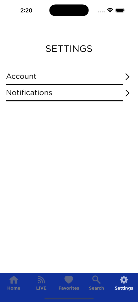 SSC Digital Network - SSC Digital Network mobile app settings screen showing options for account and notifications