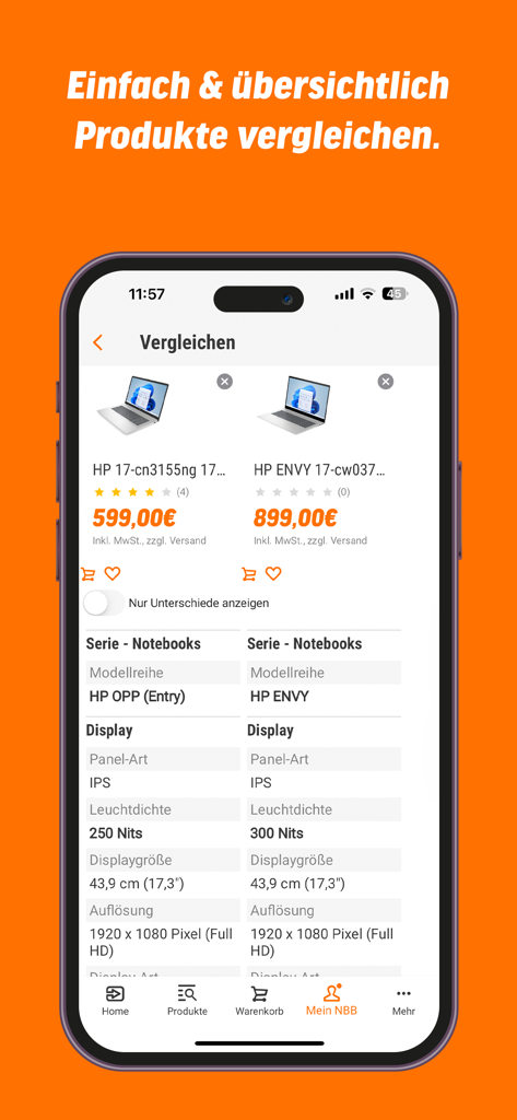 Una comparación lado a lado de dos portátiles en la aplicación notebooksbilliger que muestra precios y especificaciones técnicas como la resolución de pantalla y el brillo