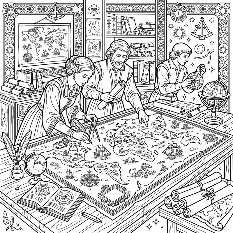 Step back in time to the Renaissance and join meticulous cartographers as they chart new discoveries and the known world. This intricate coloring page captures the essence of historical exploration and the art of mapmaking.
