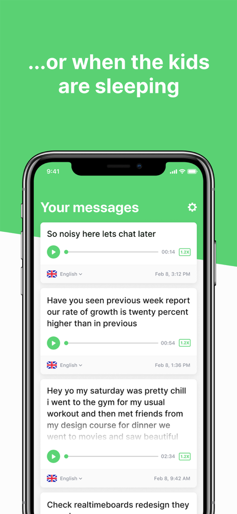 Voicepop - Turn Voice To Text - Smartphone screen showing the Voicepop app with voice messages converted into readable text