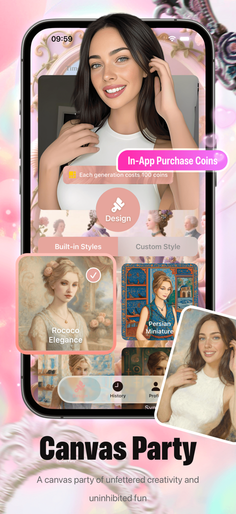 Dron - Artful Joy - Smartphone-Bildschirm zeigt die Dron-App-Oberfläche mit KI-Kunstfiltern wie Rokoko-Eleganz und persischer Miniatur, die auf ein Porträt angewendet werden