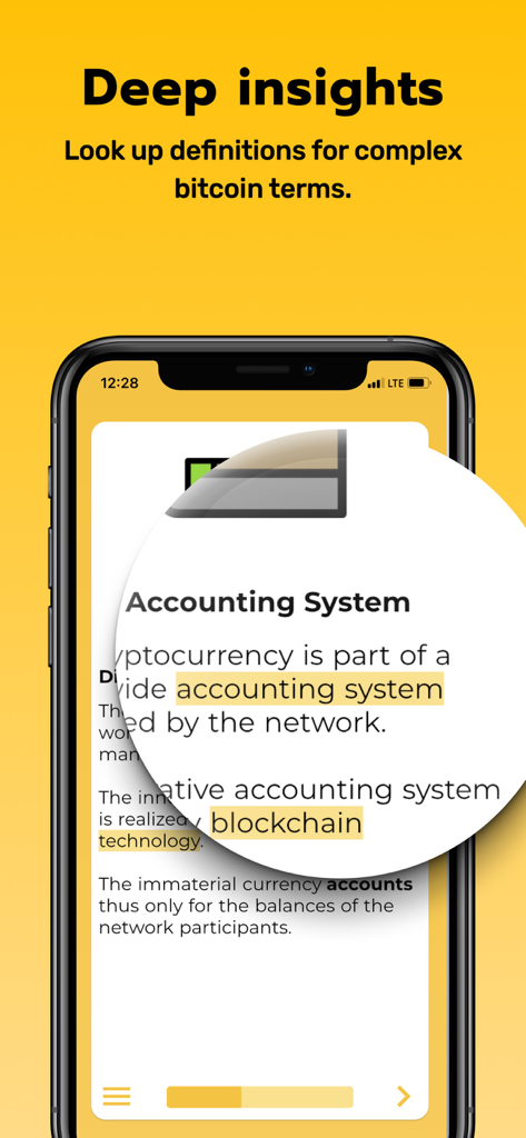 Simple Bitcoin: Learn & Earn - 会計システムとブロックチェーンテクノロジーの用語集の定義を表示する、Simple Bitcoinアプリのモバイル画面