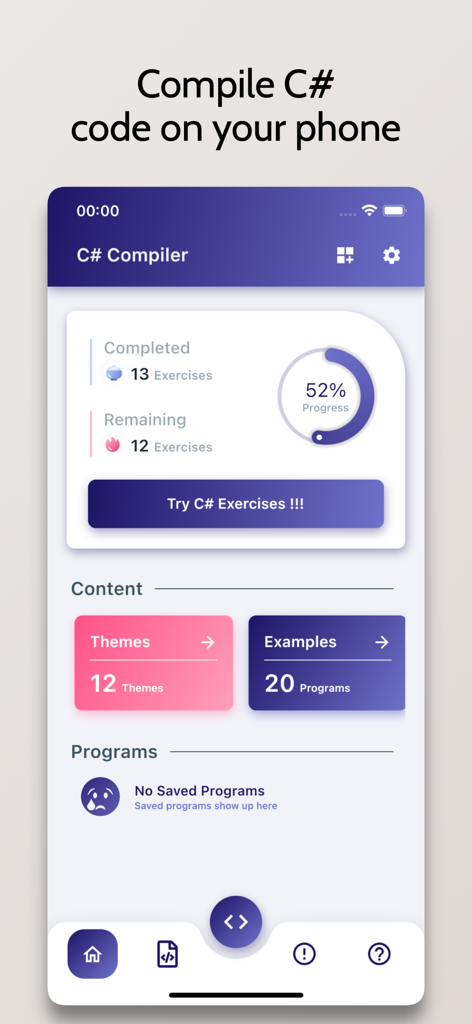 C# Compiler - Run .cs Code - Interface of the C# Compiler mobile app showing coding progress and exercise options