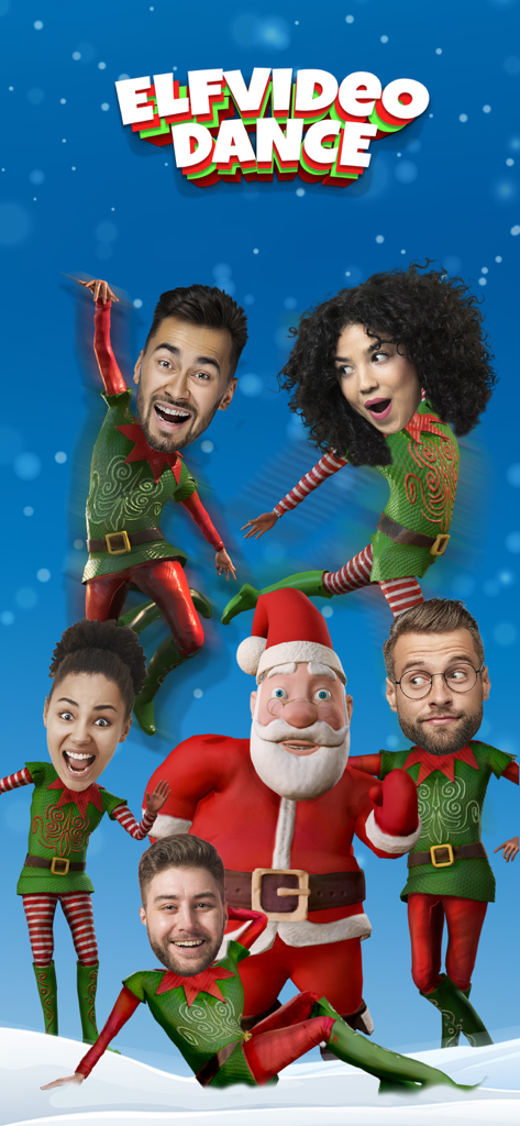 Elf Video Dance Christmas 2025 - Elfos bailarines personalizados con caras humanas y Santa Claus en un fondo nevado