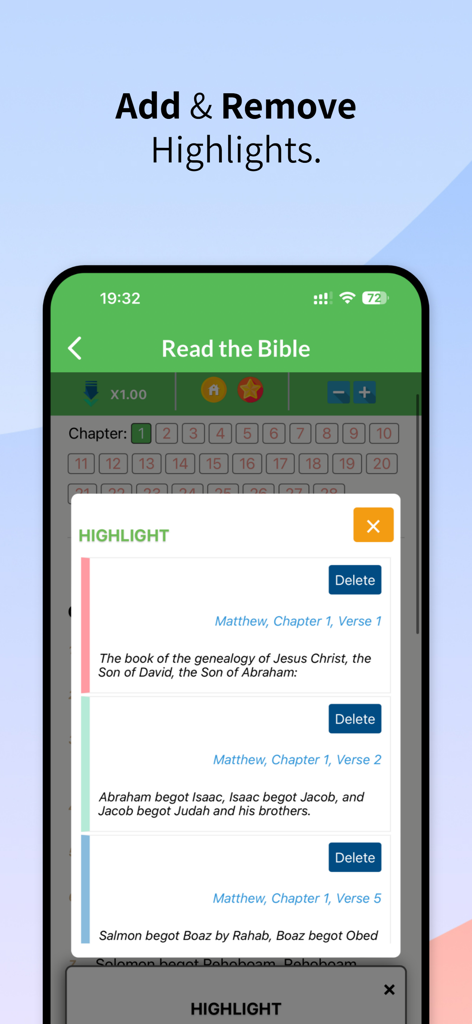Una lista de versículos bíblicos resaltados en la aplicación de la Biblia en Audio Nueva Versión King James con botones de eliminar.