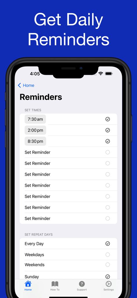 The reminders screen of the Kratos Kegel Workout app for scheduling daily exercises