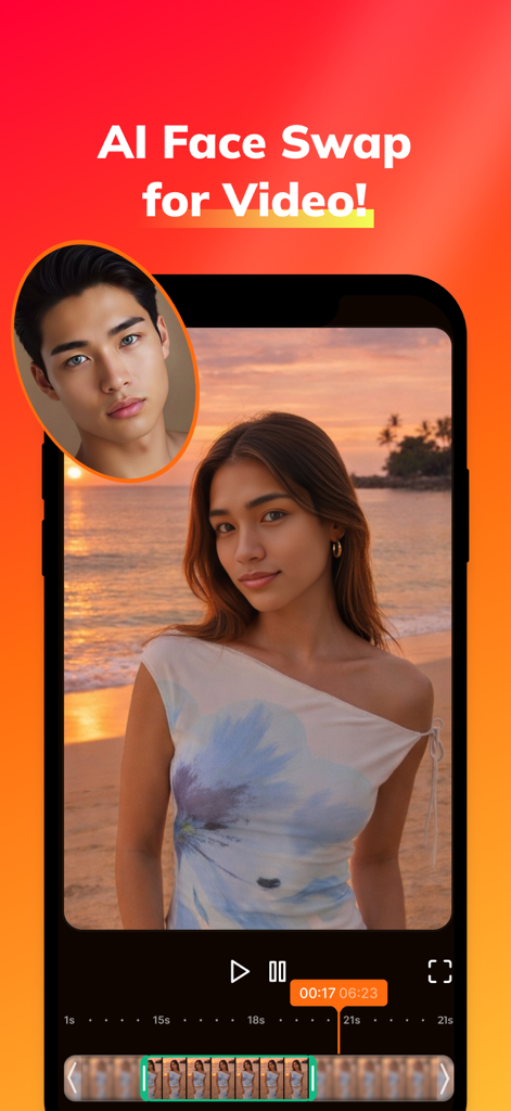 Smartphone screen showing the AI face swap for video feature in the Morphio AI app.