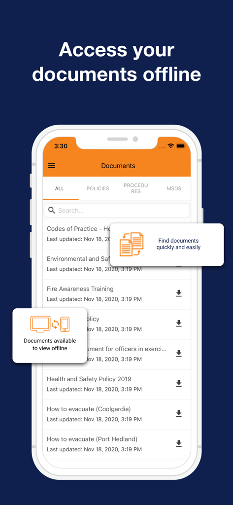 CorePlan - CorePlan mobile app interface displaying a list of safety documents available for offline viewing.