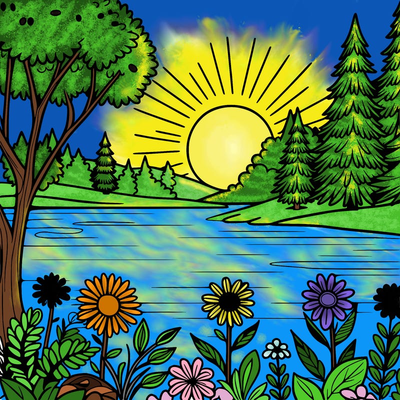 beautiful sun set over a lake with trees and flowers