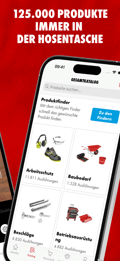 Würth Deutschland - 製品カタログとプロフェッショナル機器カテゴリを表示するWurthモバイルアプリの画面