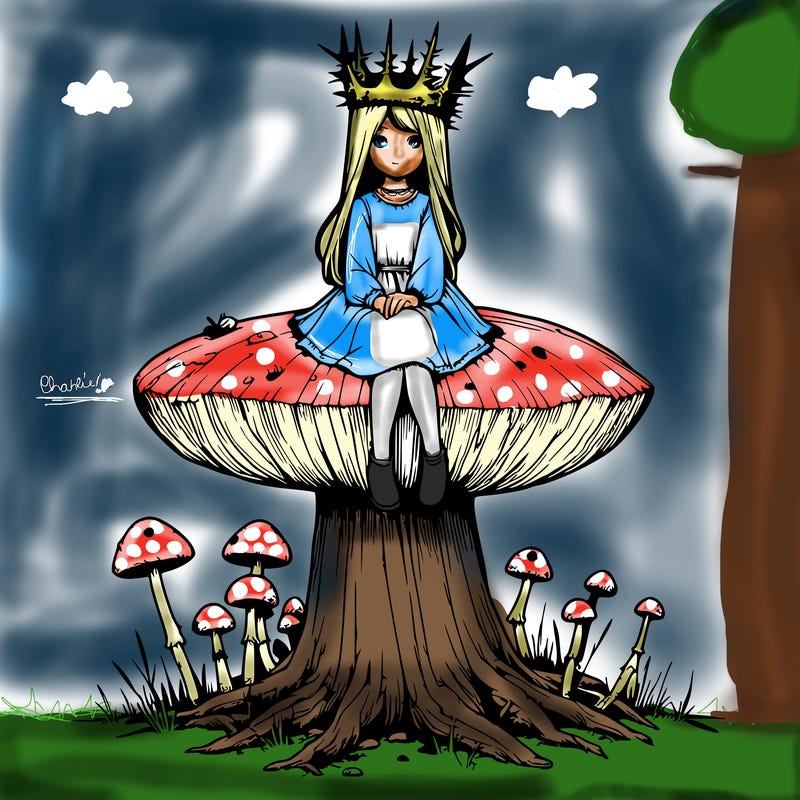 realistic girl sitting on a huge tree stump size toadstool with thorn crown
