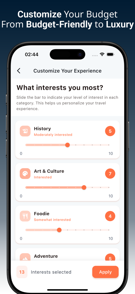 GoPlan - AI Travel Planner - GoPlan app screen allowing users to customize travel interests with sliders for history, culture, and food.