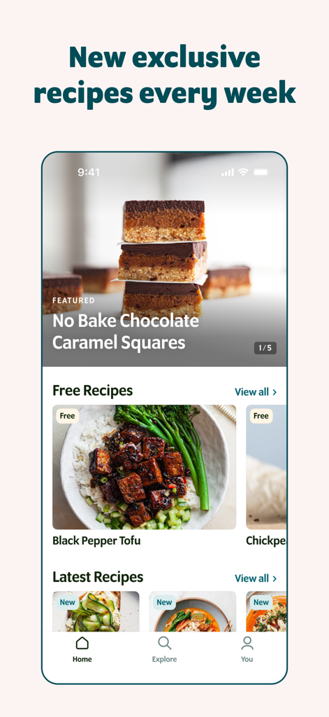Capture d'écran de l'écran d'accueil de l'application SO VEGAN montrant des recettes végétaliennes saines et du contenu en vedette