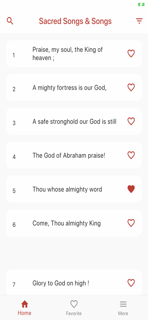 Sacred Songs and Solos - Sacred Songs and Solos app home screen displaying a list of traditional Christian hymns by number and title.