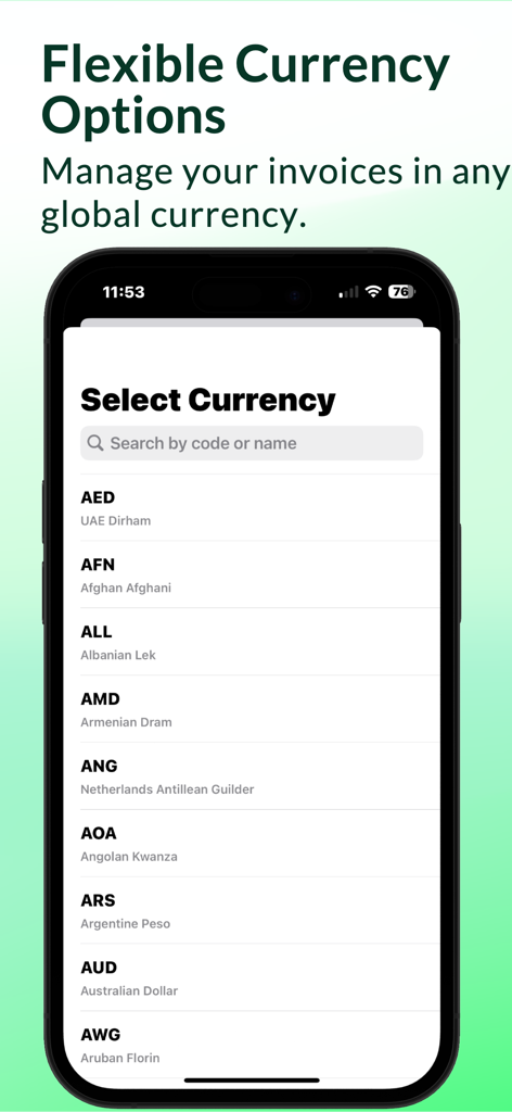 Invoice Maker Billing Manager - Una pantalla de smartphone que muestra una lista de opciones de divisas internacionales para facturación global.