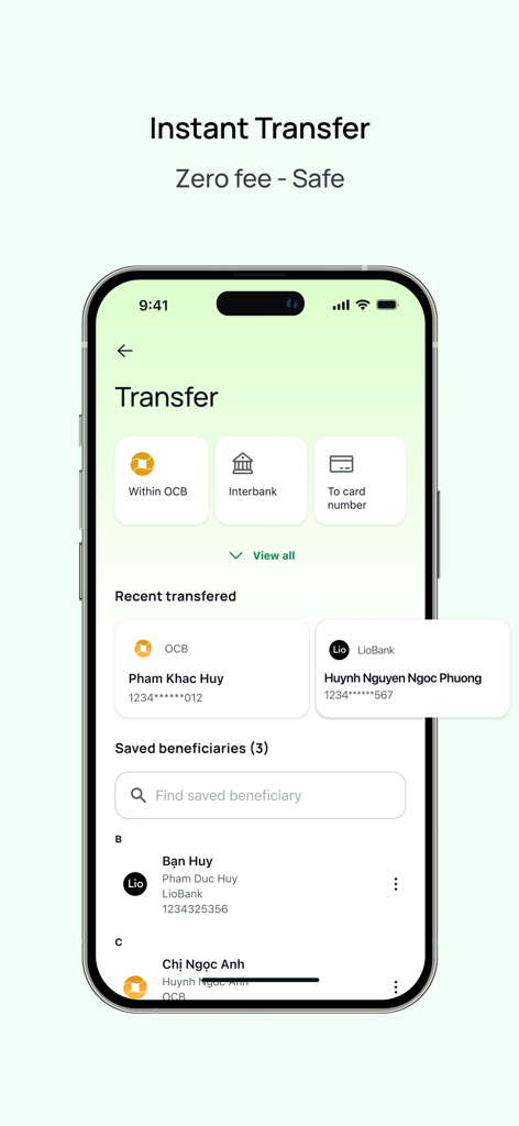 Pantalla de transferencia de la aplicación OCB OMNI con transferencias de dinero instantáneas sin comisiones y beneficiarios guardados