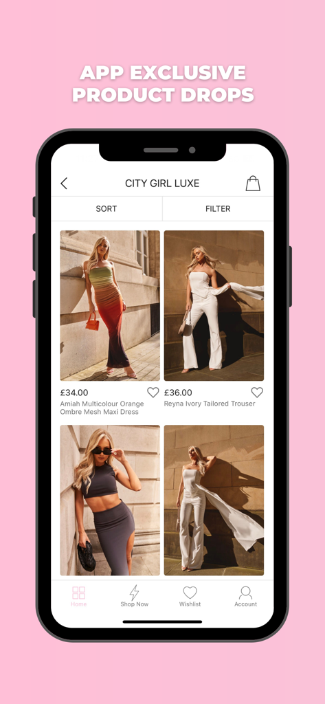 Interface do aplicativo móvel Missy Empire mostrando lançamentos exclusivos de produtos de vestuário para mulheres da moda