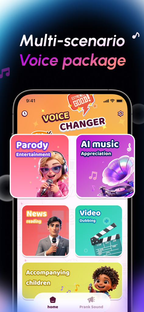 Mobile app interface showing various voice changer options like parody entertainment, ai music, news reading, and video dubbing