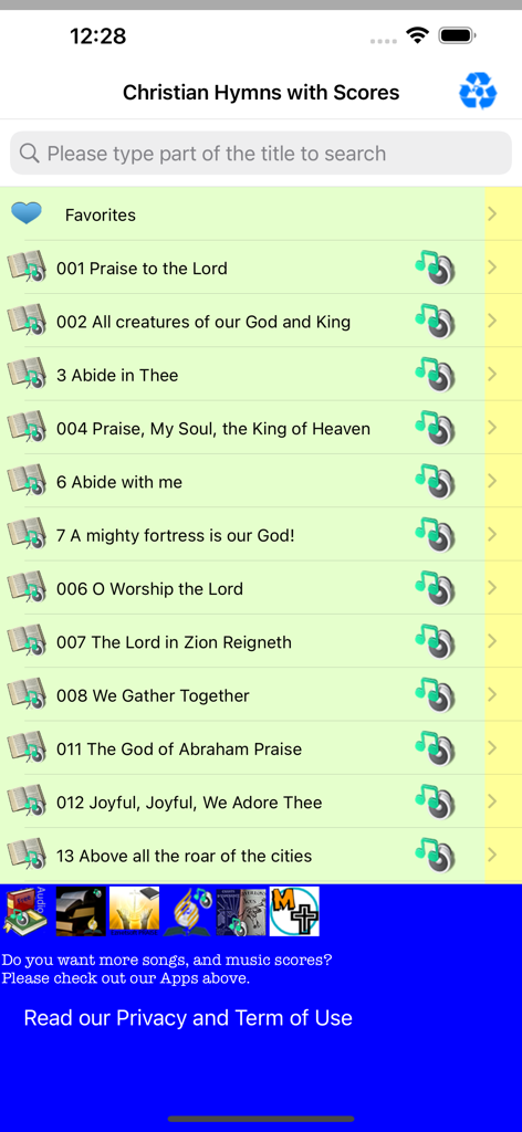 Worship Scores Lyrics & Tunes - Mobile app screen showing a searchable list of Christian hymns with music scores and audio tunes