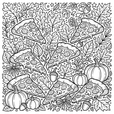 Celebrate the flavors of fall with this delightful coloring page featuring scrumptious pizza slices. Immerse yourself in a harvest wonderland, surrounded by charming autumn leaves and festive pumpkins.