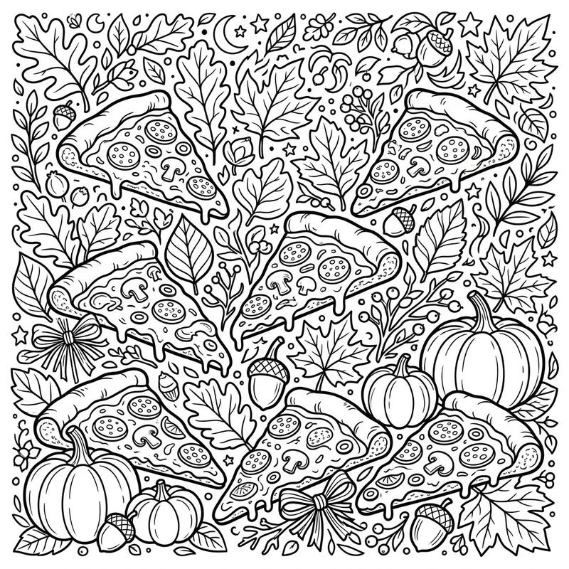 Celebrate the flavors of fall with this delightful coloring page featuring scrumptious pizza slices. Immerse yourself in a harvest wonderland, surrounded by charming autumn leaves and festive pumpkins.