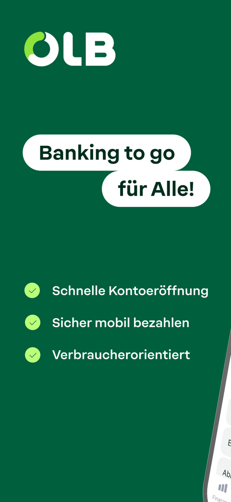 Intro screen for OLB mobile banking app highlighting fast account opening and secure payments.