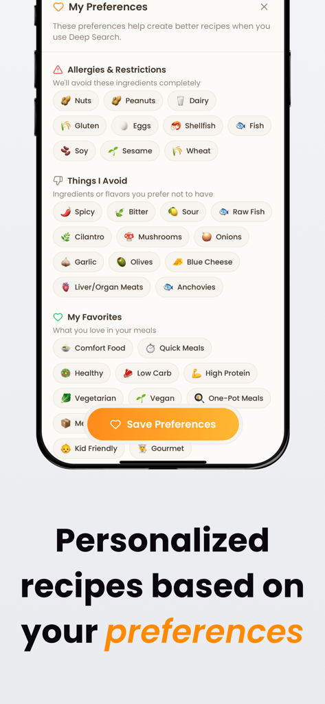 Compy: Smart Kitchen Companion - Schermata dell'app Compy per impostare preferenze di ricette personalizzate, incluse allergie e restrizioni dietetiche