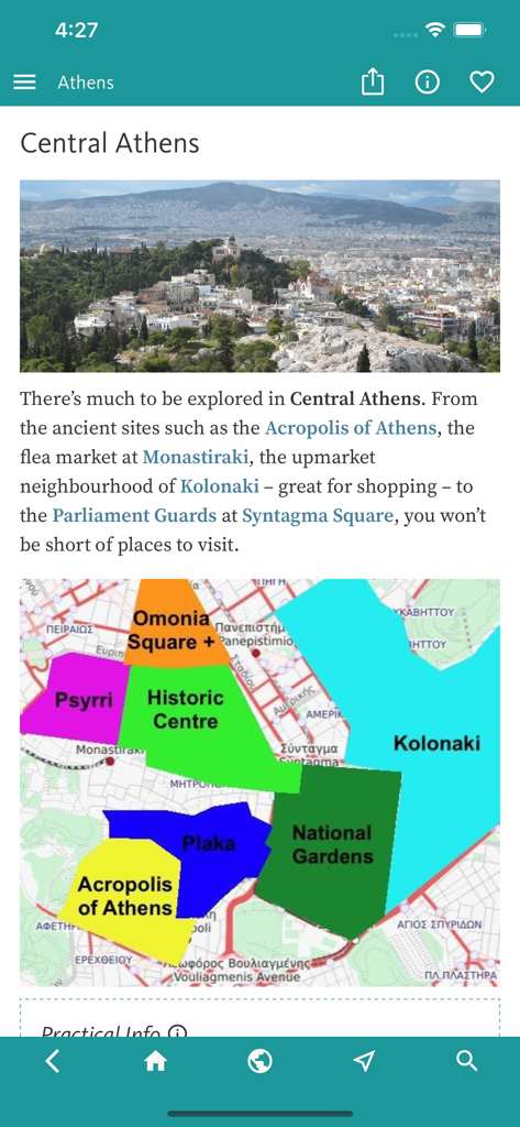 Athens’ Best: Travel Guide - A screenshot from the Athens Best Travel Guide app displaying a colorful neighborhood map of Central Athens and a scenic cityscape photo.