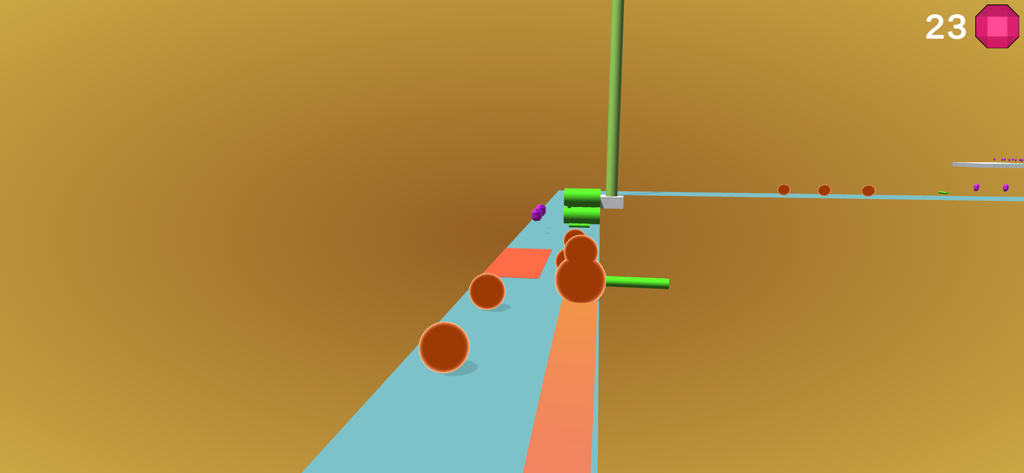 Ein Screenshot von NET RATERODEN, der eine blaue Strecke mit braunen Kugeln und grünen Hindernissen in einer minimalistischen 3D-Umgebung zeigt.