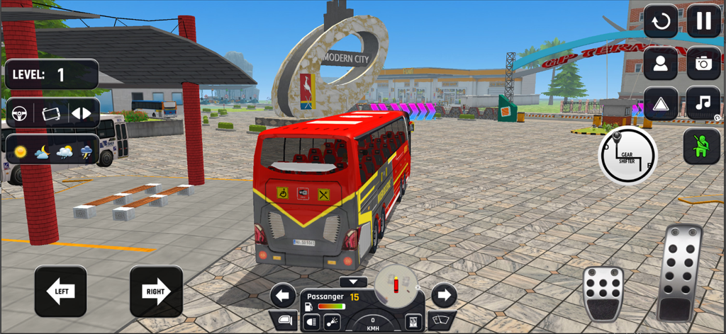 Un autobús rojo en una estación de ciudad con controles de conducción en Modern City Bus Simulator