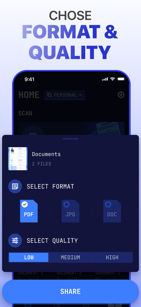 Interface of a PDF scanner app showing options to select file format like PDF, JPG, or DOC and document quality from low to high before sharing.