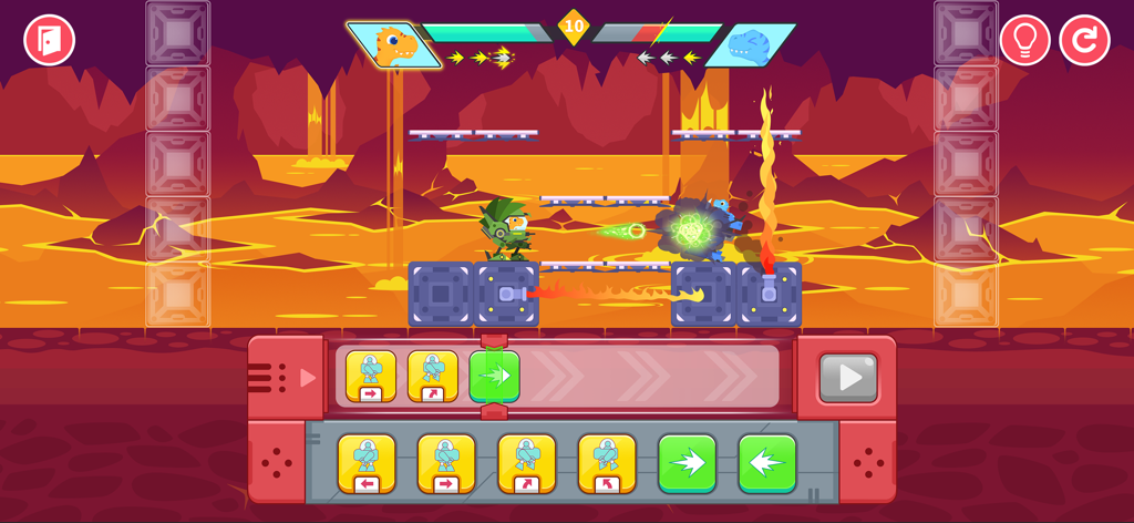 Dinosaurier-Mecha-Kampf in einer Vulkanarena mit Drag-and-Drop-Programmierblöcken für Kinder.